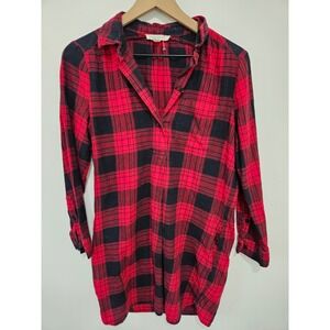 Beachlunchlounge Red Black Plaid Flannel Tunic Shirt Womens Small Pockets Cotton